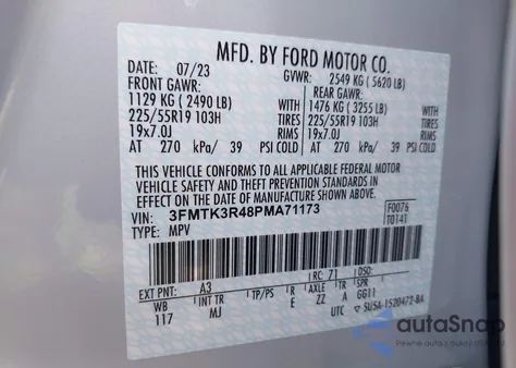 2023 Ford Mustang Mach-E Premium z USA, uszkodzony, nr VIN 3FMTK3R48PMA71173